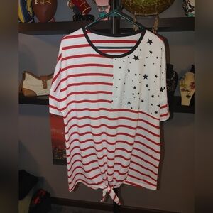 Red and White Striped Star Tee With Tie In Front, Size 2x